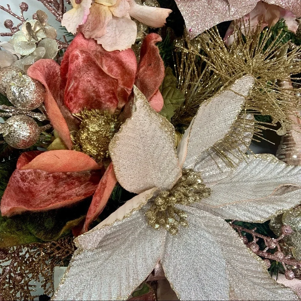 Rose Gold Blush Christmas Poinsettias Door Wall Wreath Romantic Victorian Wreath